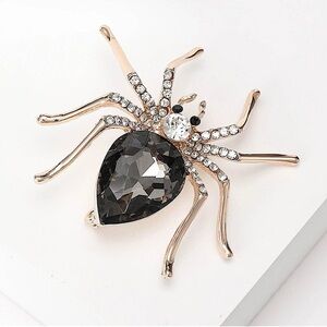 Elegant Gold Black Spider Brooch Art Deco Style Enamel Grey Crystal Spider Pin